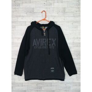 Men's Avirex Full Zip Up Hoodie Jacket Size Large L Black Gray Graphic Front